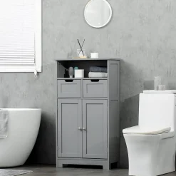 kleankin Meuble bas de salle de bain multi-rangements grande niche 2 tiroirs placard double porte avec étagère MDF gris