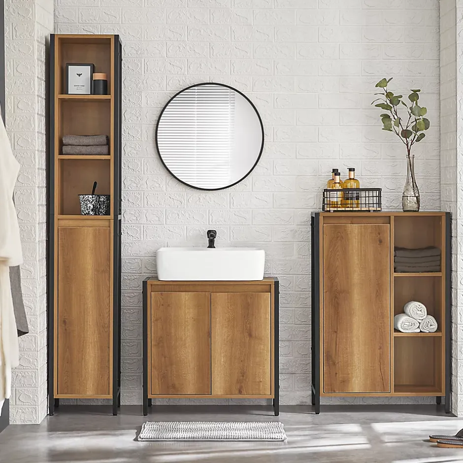 Sobuy Meuble Bas de Salle de Bain avec 3 Compartiments et 1 Panier à Linge, BZR65-PF,* Armoire De Salle De Bains