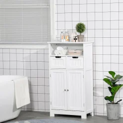 kleankin Meuble bas de salle de bain multi-rangements grande niche 2 tiroirs placard double porte avec étagère MDF blanc* Armoire De Salle De Bains
