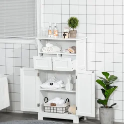 kleankin Meuble bas de salle de bain multi-rangements grande niche 2 tiroirs placard double porte avec étagère MDF blanc* Armoire De Salle De Bains