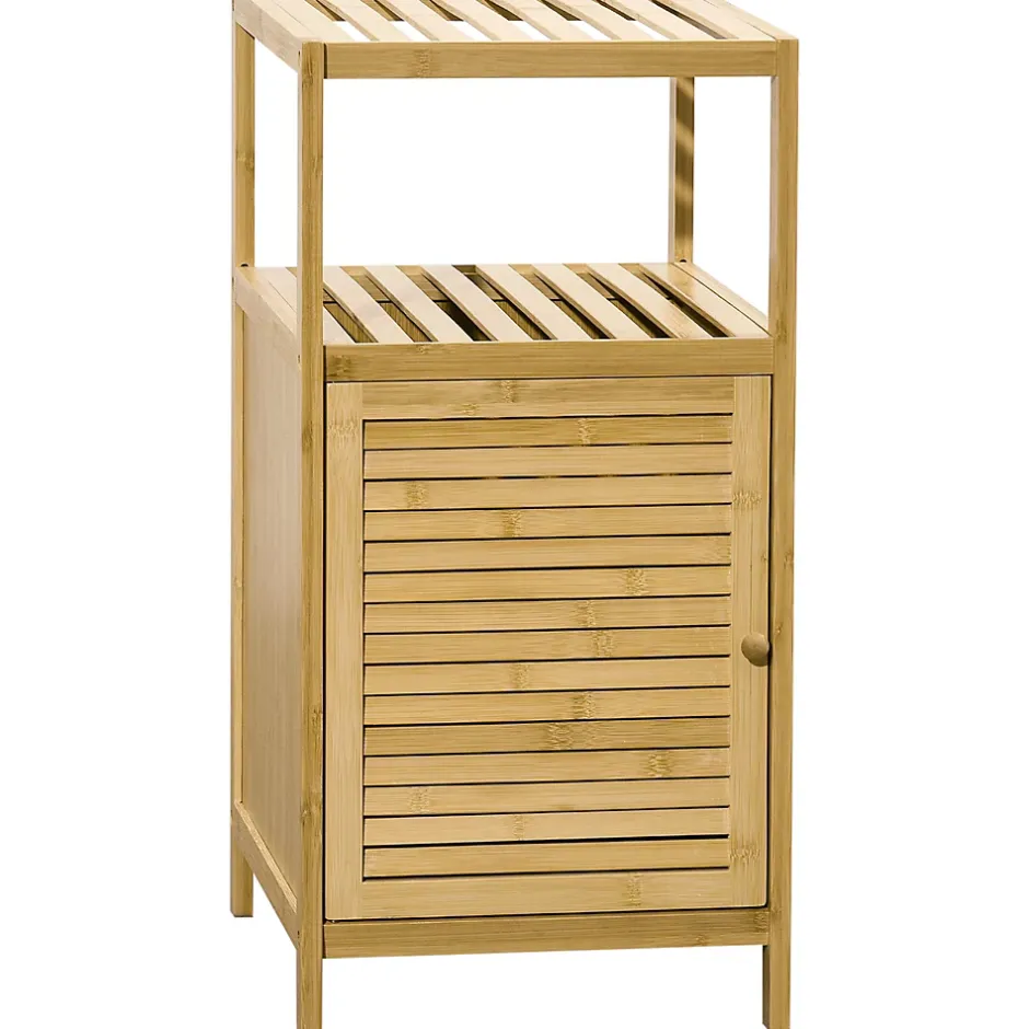 kleankin Meuble bas salle de bain rangement salle de bain 1 porte 2 étagères bois bambou verni* Armoire De Salle De Bains