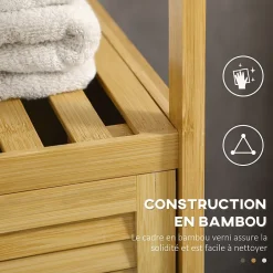 kleankin Meuble bas salle de bain rangement salle de bain 1 porte 2 étagères bois bambou verni* Armoire De Salle De Bains