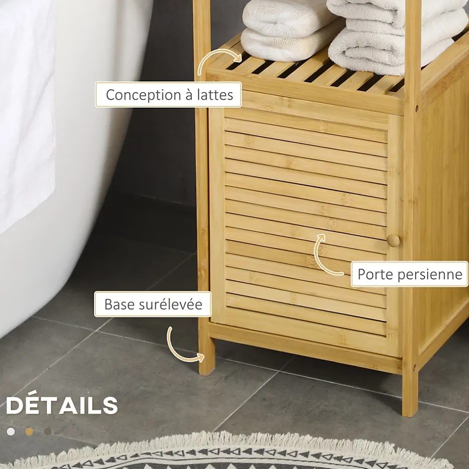 kleankin Meuble bas salle de bain rangement salle de bain 1 porte 2 étagères bois bambou verni* Armoire De Salle De Bains