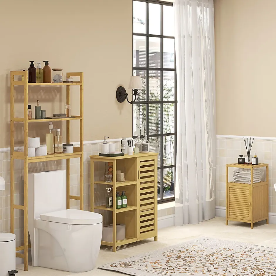 kleankin Meuble bas salle de bain rangement salle de bain 1 porte 2 étagères bois bambou verni* Armoire De Salle De Bains