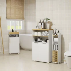 kleankin Meuble bas salle de bain - 2 portes, étagère, 2 niches - dim. 60L x 30l x 102H cm - blanc bois clair
