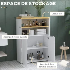 kleankin Meuble bas salle de bain - 2 portes, étagère, 2 niches - dim. 60L x 30l x 102H cm - blanc bois clair