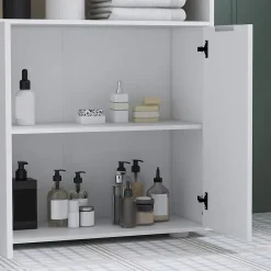 kleankin Meuble bas salle de bain - 2 portes, étagère, 2 niches - dim. 60L x 30l x 102H cm - blanc bois clair