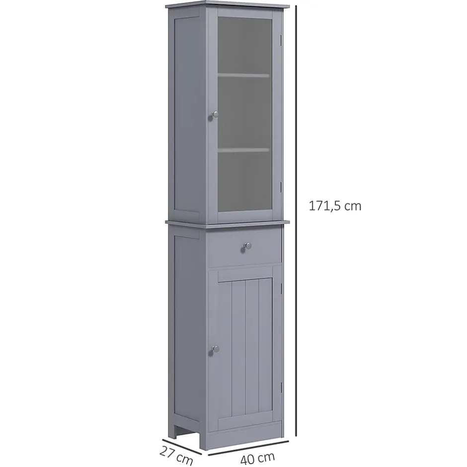 kleankin Meuble colonne de salle de bain placard porte acrylique 2 étagères placard porte 1 étagère tiroir MDF gris* Colonne De Salle De Bains