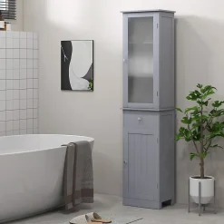 kleankin Meuble colonne de salle de bain placard porte acrylique 2 étagères placard porte 1 étagère tiroir MDF gris* Colonne De Salle De Bains