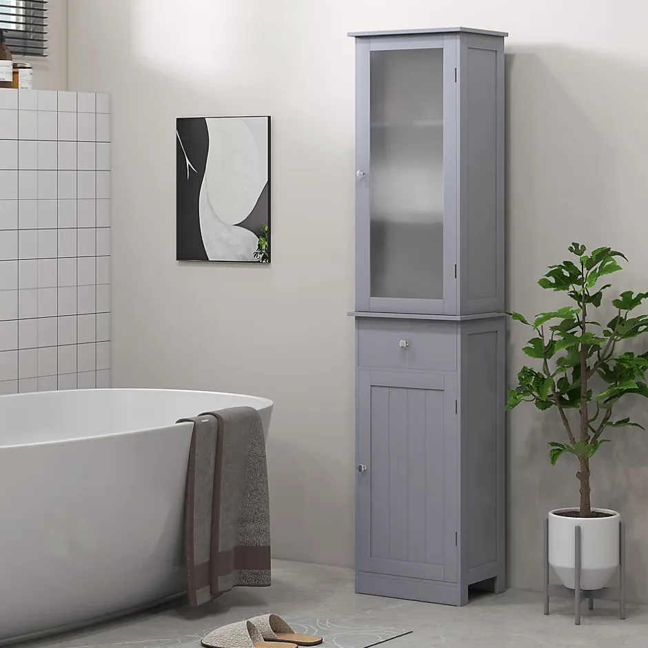 kleankin Meuble colonne de salle de bain placard porte acrylique 2 étagères placard porte 1 étagère tiroir MDF gris* Colonne De Salle De Bains