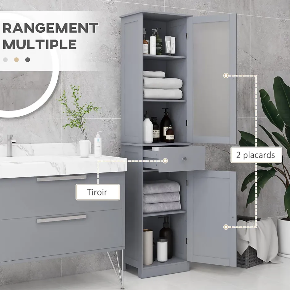 kleankin Meuble colonne de salle de bain placard porte acrylique 2 étagères placard porte 1 étagère tiroir MDF gris* Colonne De Salle De Bains