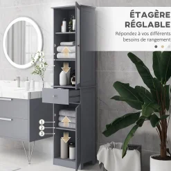 kleankin Meuble colonne de salle de bain placard porte acrylique 2 étagères placard porte 1 étagère tiroir MDF gris* Colonne De Salle De Bains