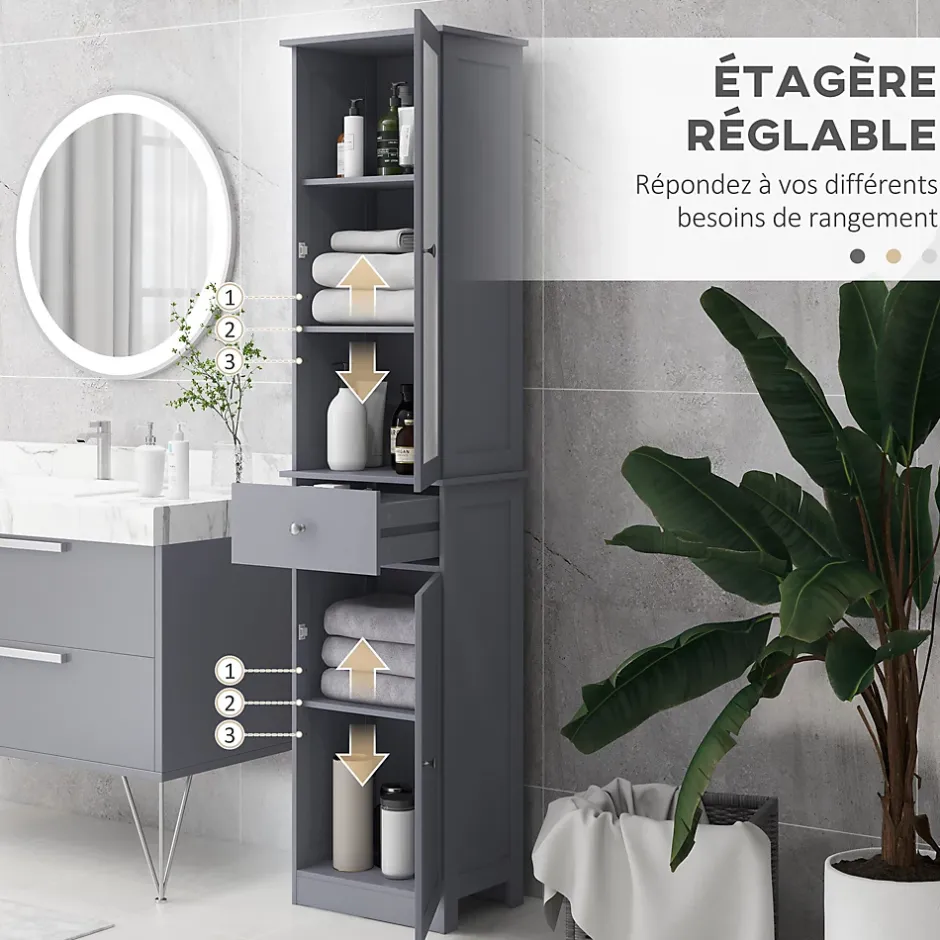 kleankin Meuble colonne de salle de bain placard porte acrylique 2 étagères placard porte 1 étagère tiroir MDF gris* Colonne De Salle De Bains