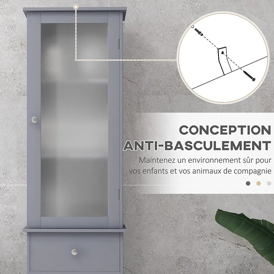 kleankin Meuble colonne de salle de bain placard porte acrylique 2 étagères placard porte 1 étagère tiroir MDF gris* Colonne De Salle De Bains