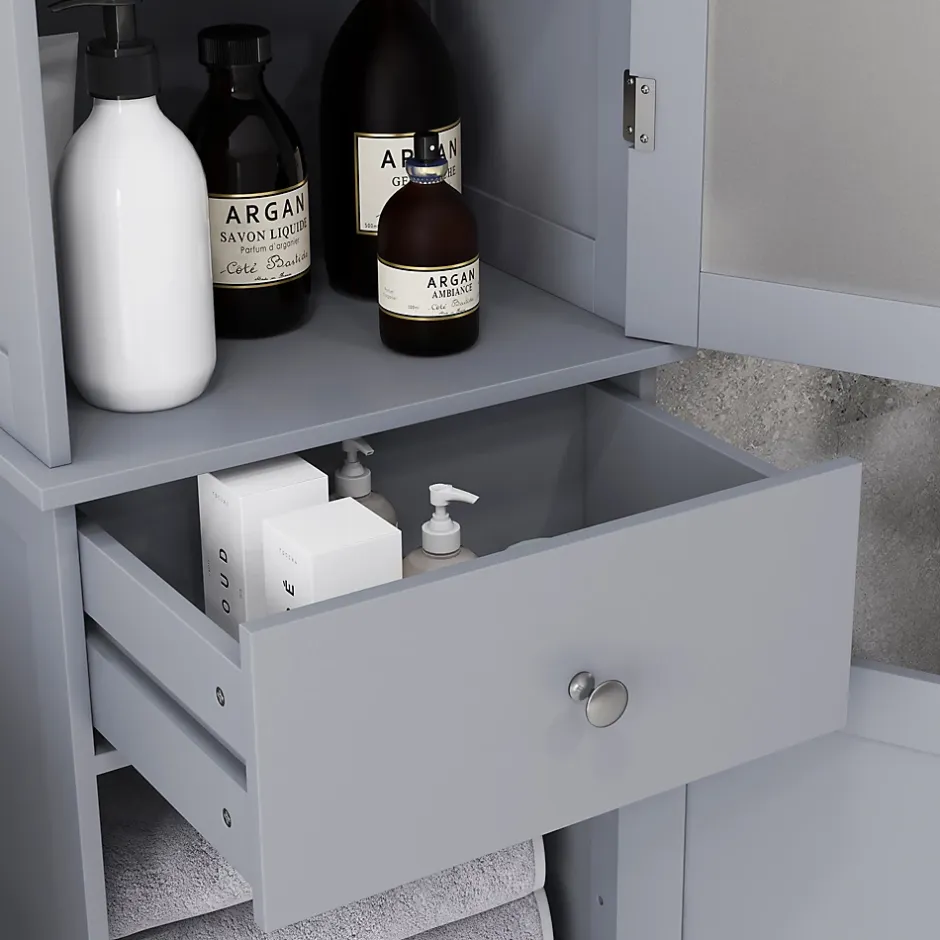 kleankin Meuble colonne de salle de bain placard porte acrylique 2 étagères placard porte 1 étagère tiroir MDF gris* Colonne De Salle De Bains