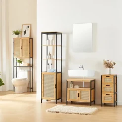 [En.Casa] Meuble colonne de salle de bain Tervola MDF bambou rotin 172 x 40 x 35 cm noir naturel en.casa* Colonne De Salle De Bains