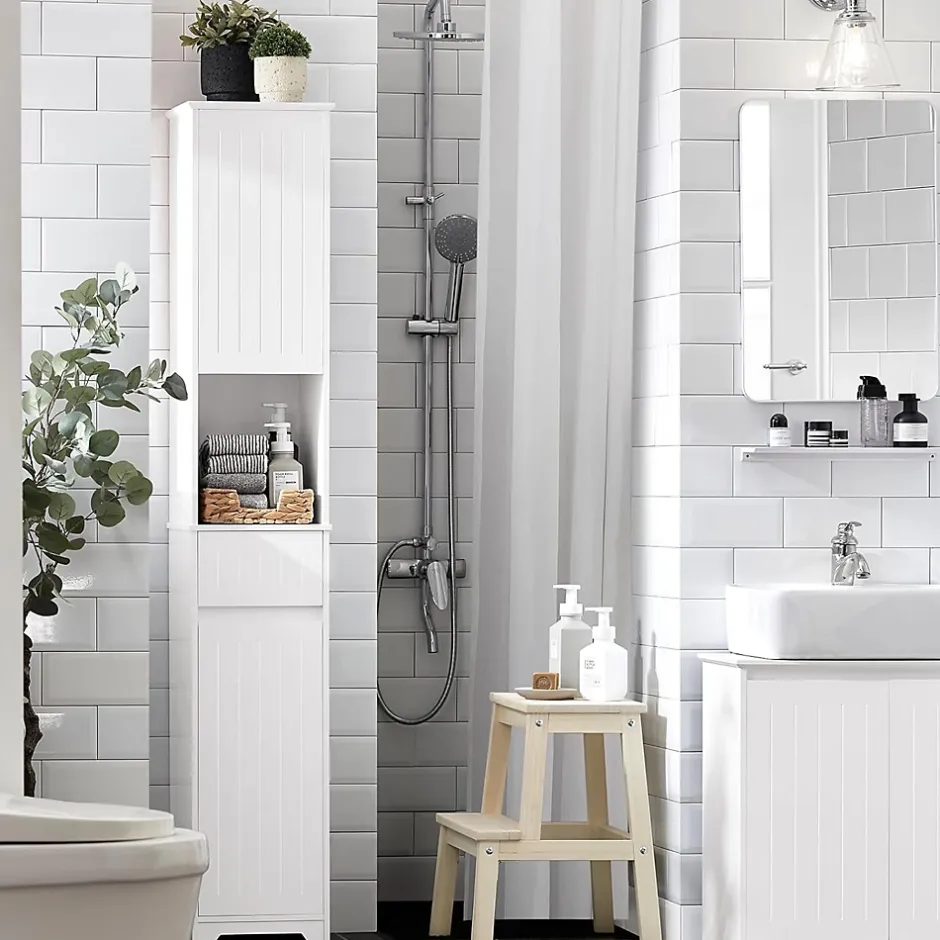 Sobuy Meuble Colonne de Salle de Bain avec 2 Portes et 1 Tiror, BZR109-W,* Meuble De Salle De Bains Faible Profondeur|Colonne De Salle De Bains