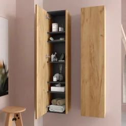 Planète Bain Meuble colonne de salle de bain H 140 cm effet chêne brut à suspendre - KARAIB* Colonne De Salle De Bains