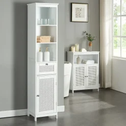 [En.Casa] Meuble colonne de salle de bain Karlsoey MDF PVC effet rotin 161 x 35 x 32 cm blanc en.casa