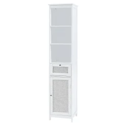[En.Casa] Meuble colonne de salle de bain Karlsoey MDF PVC effet rotin 161 x 35 x 32 cm blanc en.casa