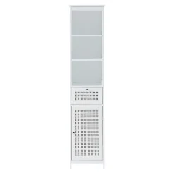[En.Casa] Meuble colonne de salle de bain Karlsoey MDF PVC effet rotin 161 x 35 x 32 cm blanc en.casa