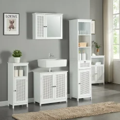 [En.Casa] Meuble colonne de salle de bain Karlsoey MDF PVC effet rotin 161 x 35 x 32 cm blanc en.casa