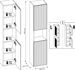 Furnidea Meuble colonne de salle de bain à suspendre NOVA NOIR 30 X 140 cm