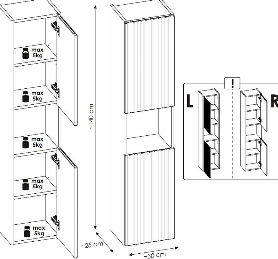 Furnidea Meuble colonne de salle de bain à suspendre NOVA NOIR 30 X 140 cm
