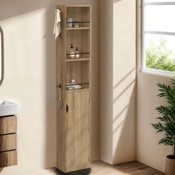 IDMarket Meuble colonne pivotante de salle de bain avec miroir, placard et étagères hêtre et noir ELIA* Armoire De Salle De Bains