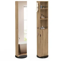 IDMarket Meuble colonne pivotante de salle de bain avec miroir, placard et étagères hêtre et noir ELIA* Armoire De Salle De Bains