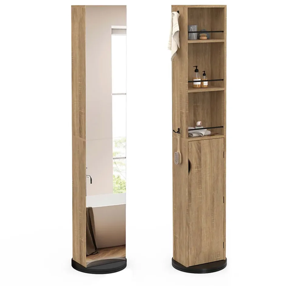 IDMarket Meuble colonne pivotante de salle de bain avec miroir, placard et étagères hêtre et noir ELIA* Armoire De Salle De Bains
