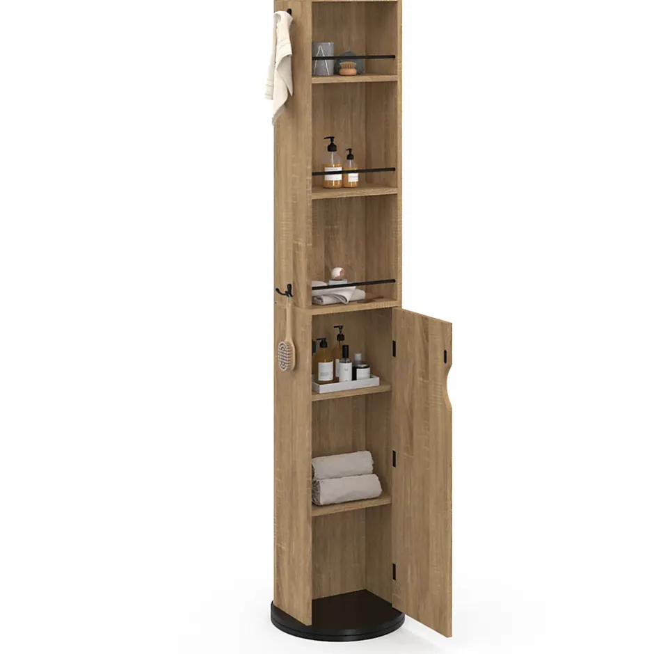 IDMarket Meuble colonne pivotante de salle de bain avec miroir, placard et étagères hêtre et noir ELIA* Armoire De Salle De Bains