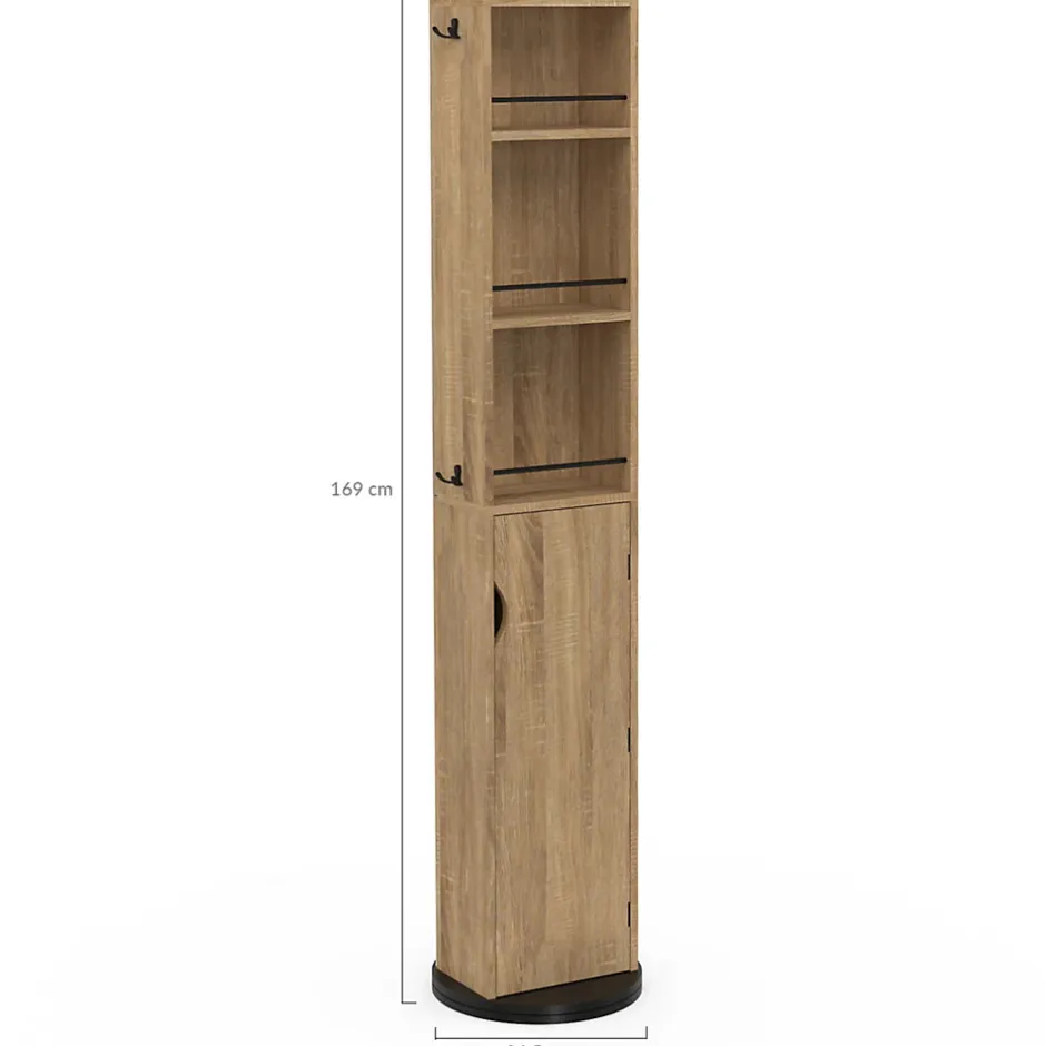 IDMarket Meuble colonne pivotante de salle de bain avec miroir, placard et étagères hêtre et noir ELIA* Armoire De Salle De Bains