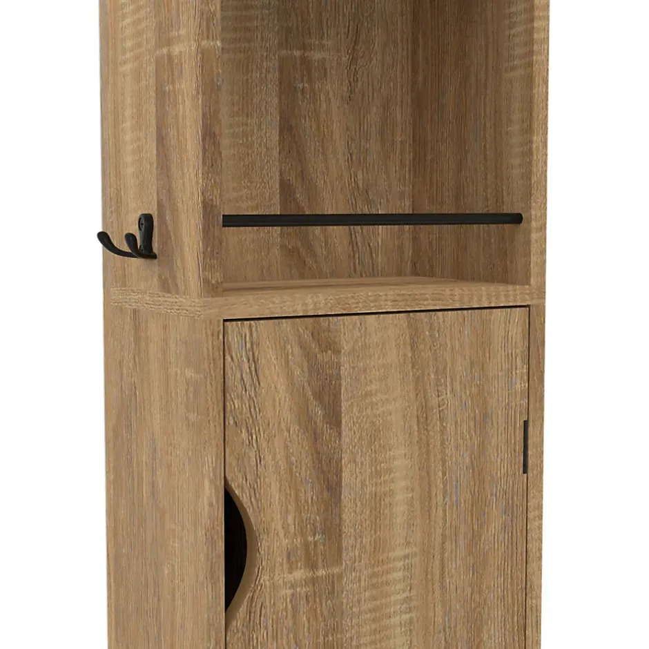 IDMarket Meuble colonne pivotante de salle de bain avec miroir, placard et étagères hêtre et noir ELIA* Armoire De Salle De Bains