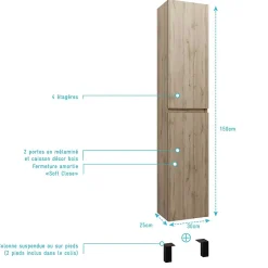 Aurlane Meuble colonne pour salle de bains 2 portes finition chêne Naturel - 30x25x150 - TIMBER