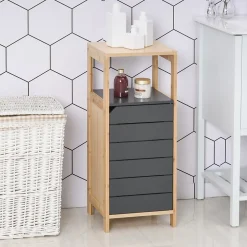 Homcom Meuble colonne rangement salle de bain style cosy dim. 32L x 30l x 80H cm porte étagères niche bambou gris