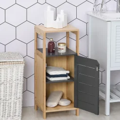 Homcom Meuble colonne rangement salle de bain style cosy dim. 32L x 30l x 80H cm porte étagères niche bambou gris