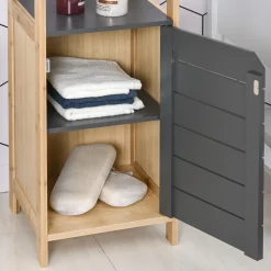 Homcom Meuble colonne rangement salle de bain style cosy dim. 32L x 30l x 80H cm porte étagères niche bambou gris