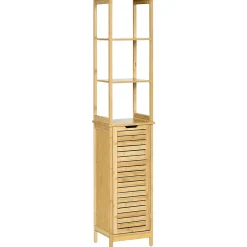 kleankin Meuble colonne rangement salle de bain style cosy dim. 34L x 30l x 173H cm porte à lattes 3 étagères bambou MDF aspect bois clair