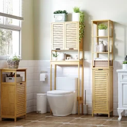 kleankin Meuble colonne rangement salle de bain style cosy dim. 34L x 30l x 173H cm porte à lattes 3 étagères bambou MDF aspect bois clair