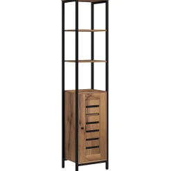 kleankin Meuble colonne rangement salle de bain style cosy dim. 37L x 30l x 167H cm 3 étagères porte ajourée acier noir aspect bois* Colonne De Salle De Bains