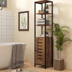 kleankin Meuble colonne rangement salle de bain style cosy dim. 37L x 30l x 167H cm 3 étagères porte ajourée acier noir aspect bois* Colonne De Salle De Bains