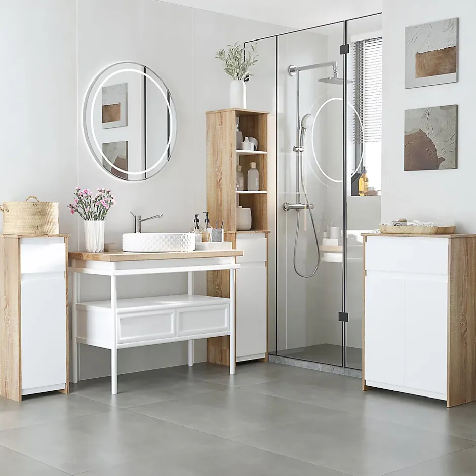kleankin Meuble colonne rangement salle de bain style cosy 3 niches tiroir placard avec étagère blanc aspect chêne clair* Colonne De Salle De Bains