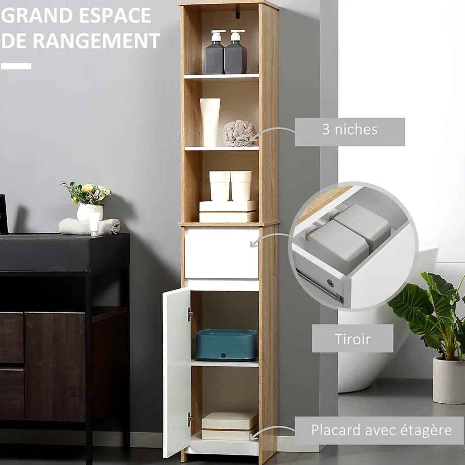 kleankin Meuble colonne rangement salle de bain style cosy 3 niches tiroir placard avec étagère blanc aspect chêne clair* Colonne De Salle De Bains