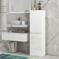 kleankin Meuble colonne rangement salle de bain style contemporain façade laquée 2 portes étagères blanc* Colonne De Salle De Bains