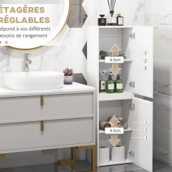 kleankin Meuble colonne rangement salle de bain style contemporain façade laquée 2 portes étagères blanc* Colonne De Salle De Bains