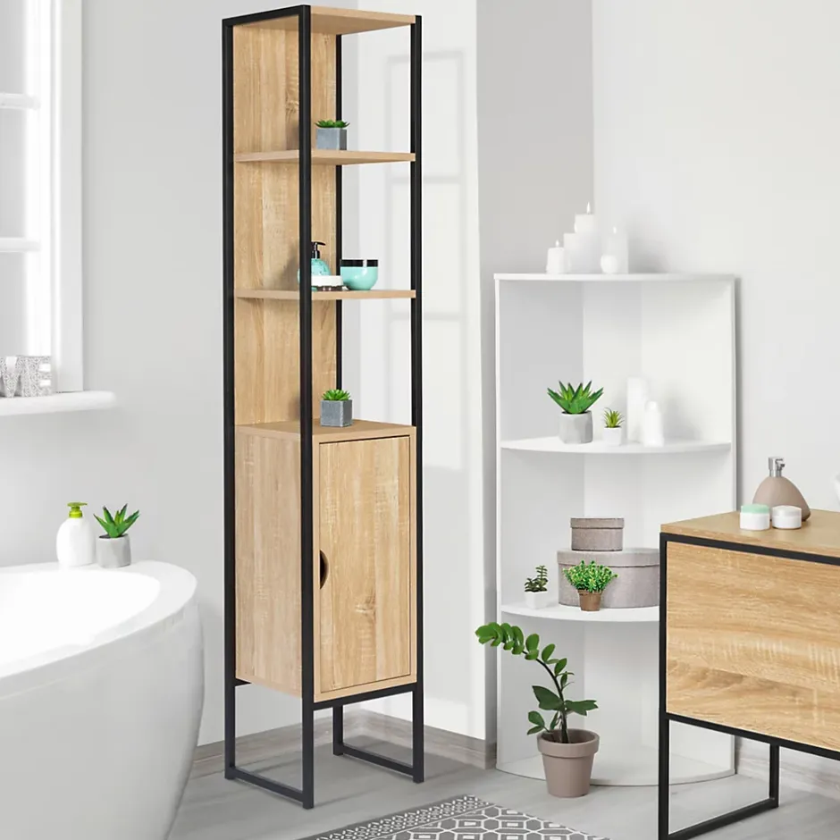 IDMarket Meuble colonne salle de bain DETROIT 1 porte design industriel