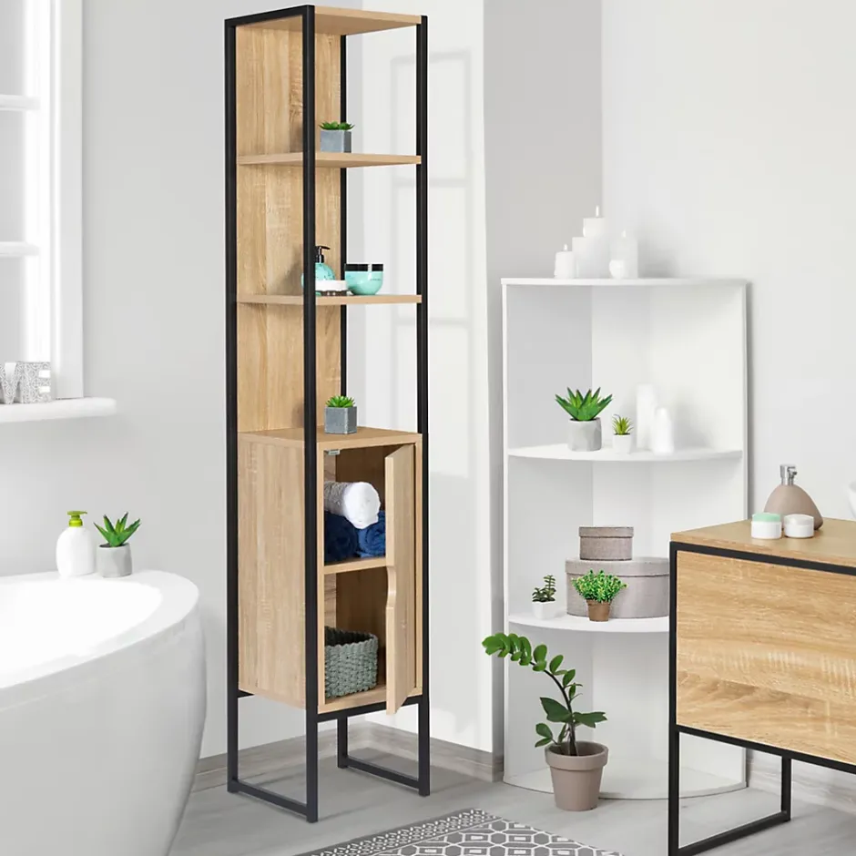 IDMarket Meuble colonne salle de bain DETROIT 1 porte design industriel