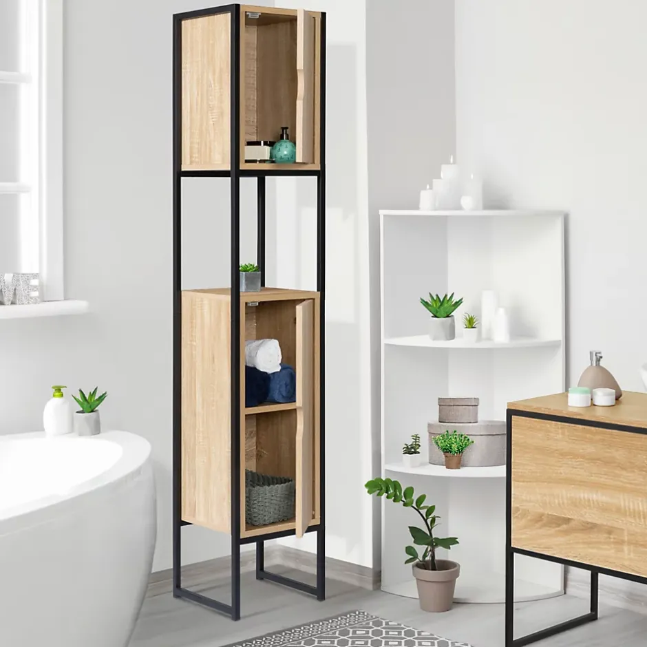 IDMarket Meuble colonne salle de bain DETROIT 2 portes design industriel* Armoire De Salle De Bains