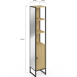 IDMarket Meuble colonne salle de bain DETROIT 1 porte avec miroir et étagères design industriel